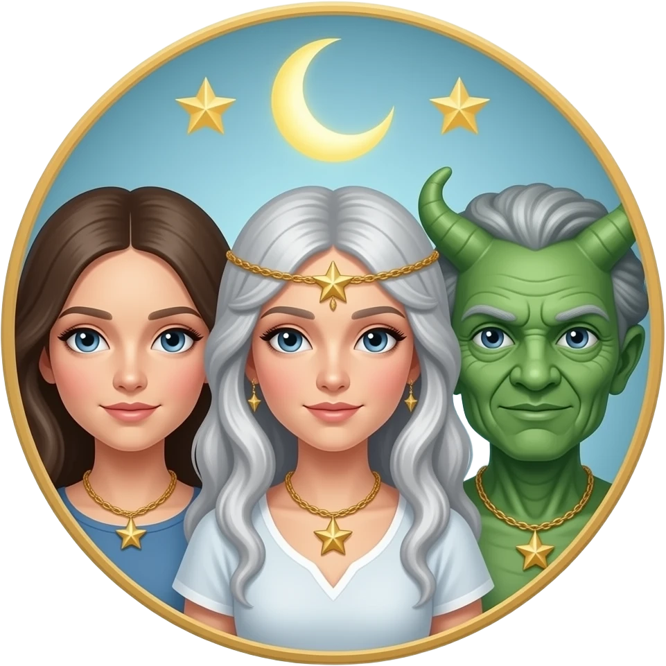 Triple goddess and stars and moon maiden, mother, crone emoji
