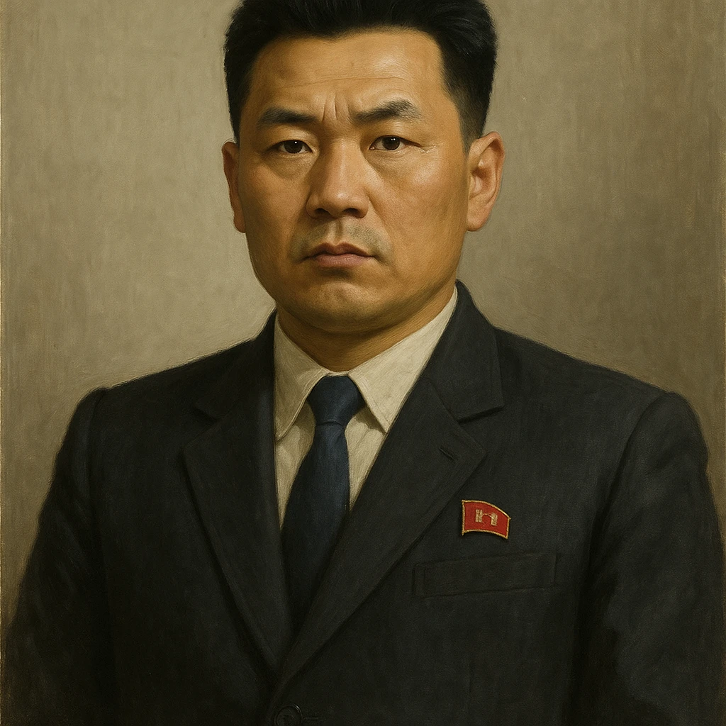 Official portrait of a North Korean man, head of the hull production workshop at a shipyard, serious and formal style, dark suit, neutral background, confident and focused expression, style inspired by Soviet and North Korean official portraits emoji