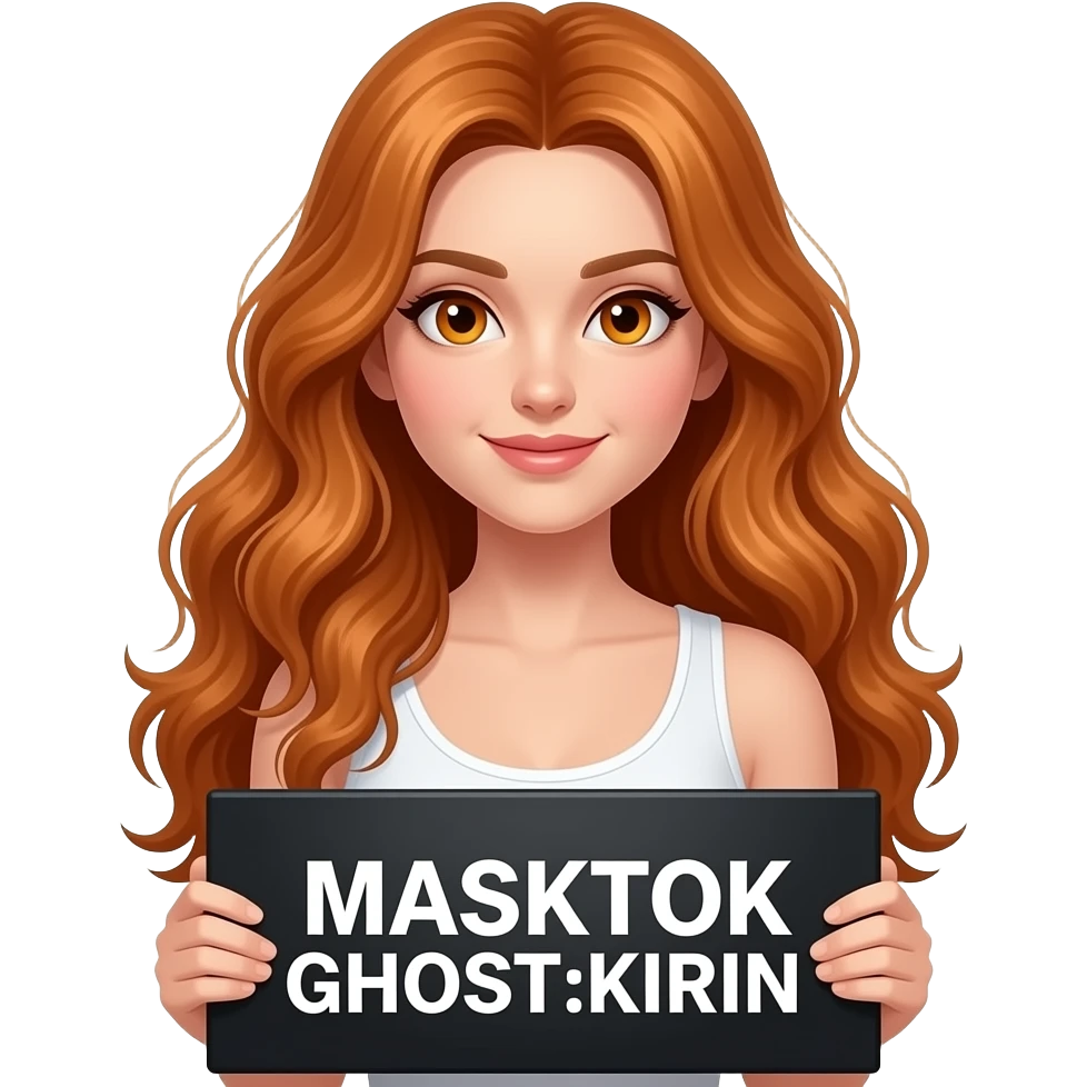 sexy girl with long wavy ginger hair and ginger eyes wearing a white tanktop is holding a black colored sign with MASKTOK GHOST:KIRIN written on it emoji