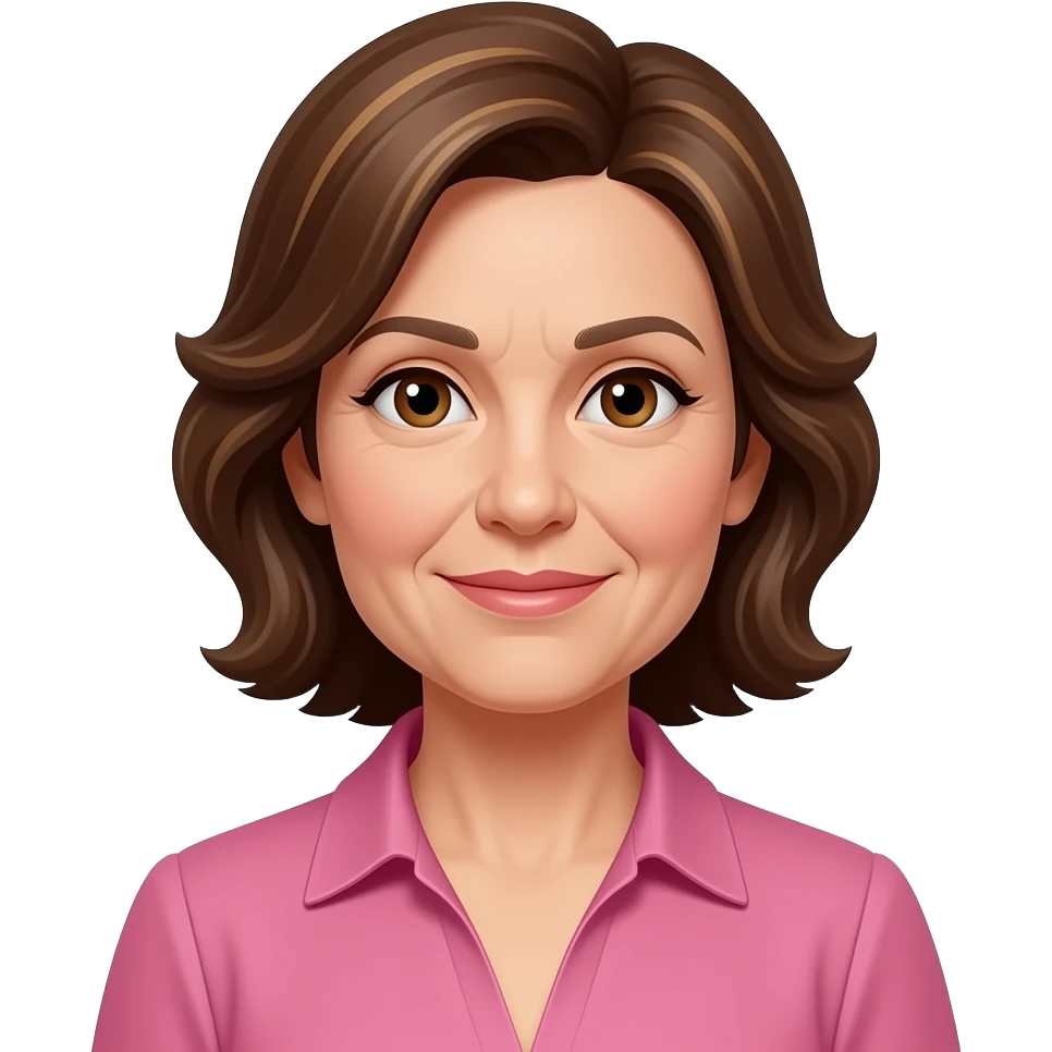 woman in 50s with brown highlighed hair and wearing pink formal top brown eyes emoji