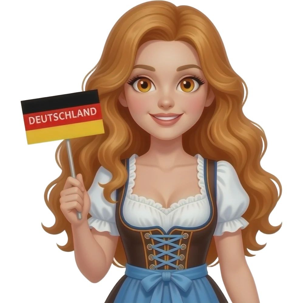 sexy girl with long curvy ginger hair and ginger eyes wearing a dirndl is holding a DEUTSCHLAND sign, emoji