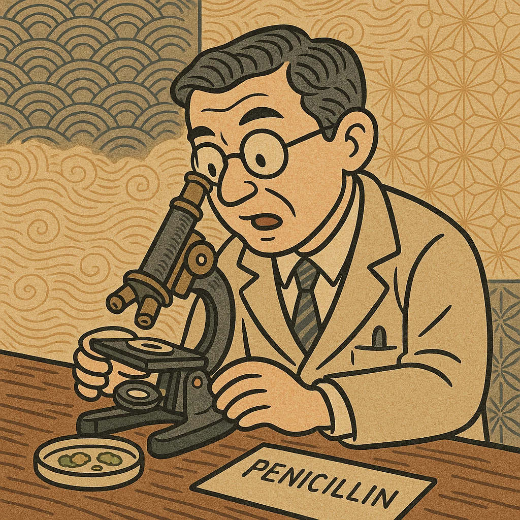   A modern doctor discovering penicillin with a microscope emoji