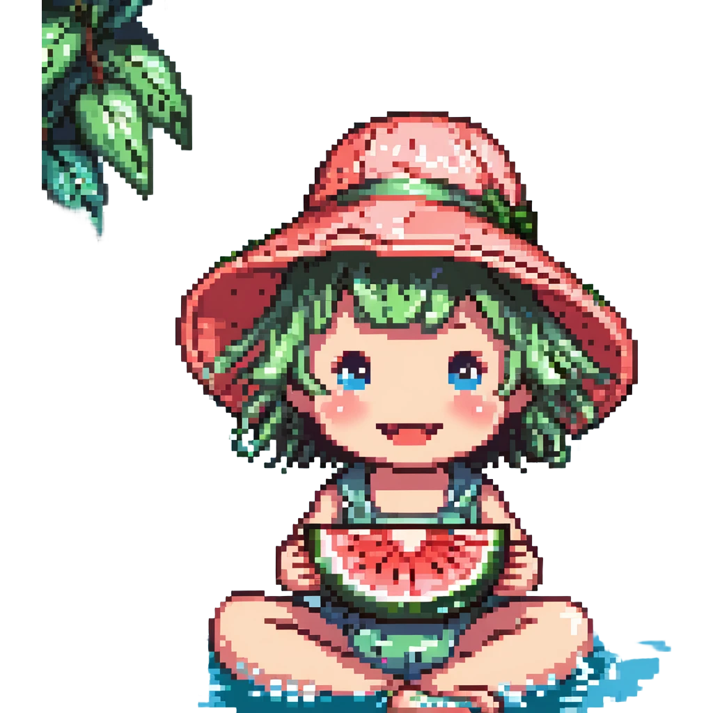 Change the river color to a soft pastel purple, keeping the rest of the pixel art scene the same, with a happy kid in a floppy sun hat eating watermelon by the river, surrounded by sparkles and water splashes. emoji