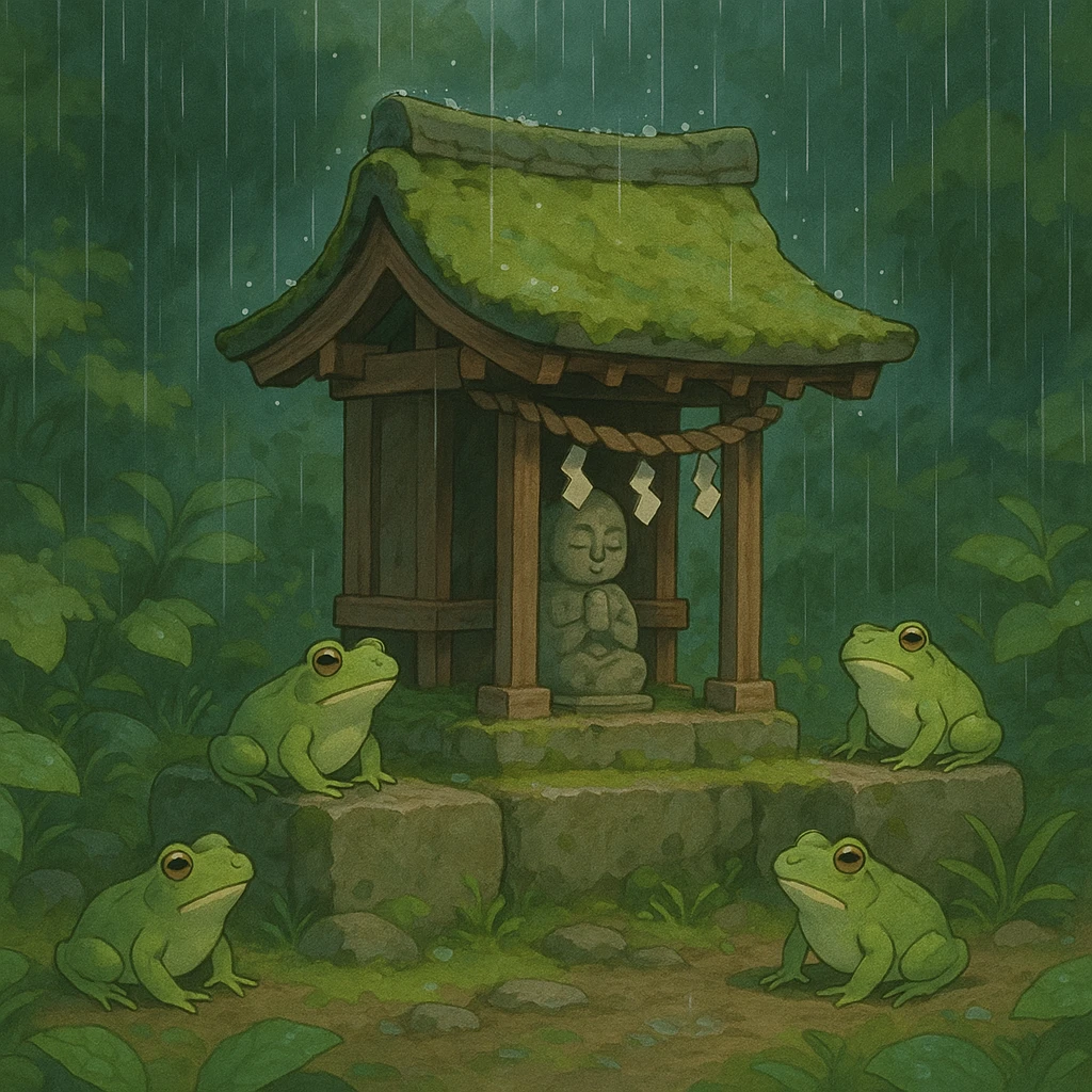 Rain falling gently on a tiny shrine surrounded by frogs. emoji