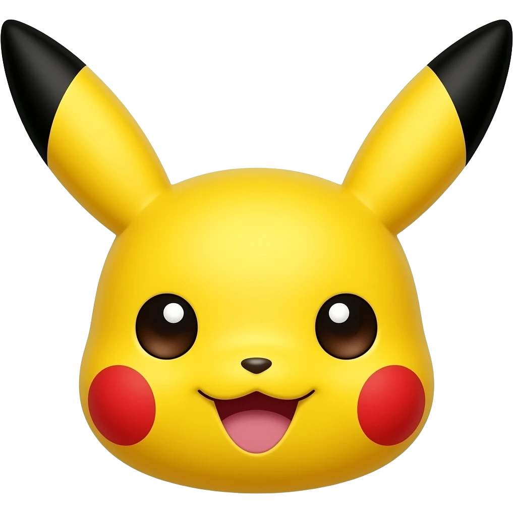 Cute yellow Pikachu with red cheeks, long black-tipped ears, happy smile, front-facing 3D emoji style emoji