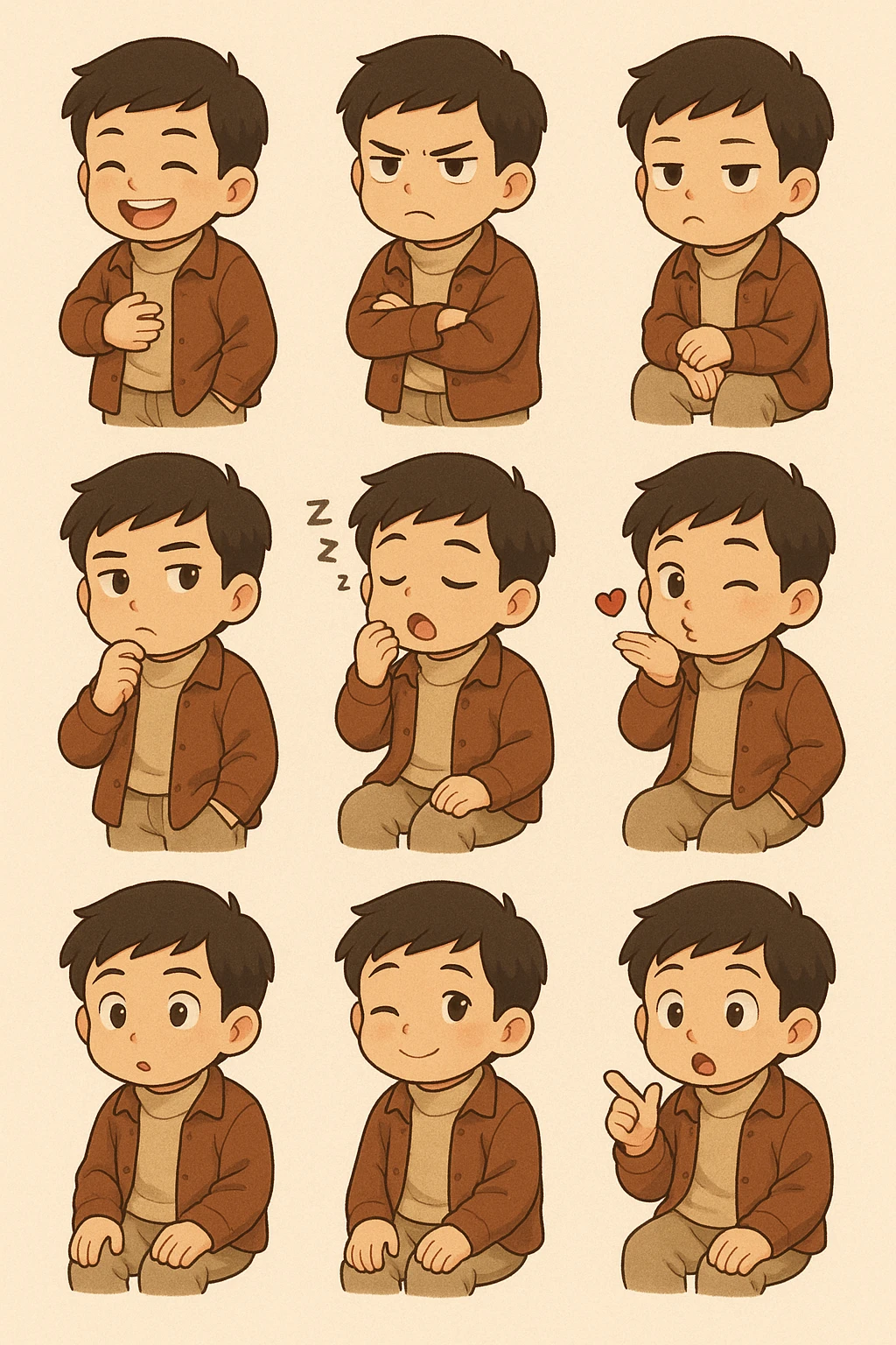 Convert the image into a set of chibi stickers (4x4 grid) outfit similar to this one including expressions of laughing being angry, crying, sulking, thinking, being sleepy, blowing kiss,winking, being suprised emoji