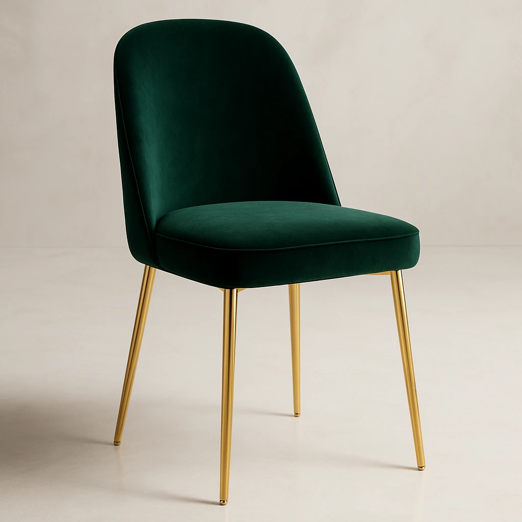 a chic dining chair with gold legs, velvet seat, and a luxurious, modern glam look emoji
