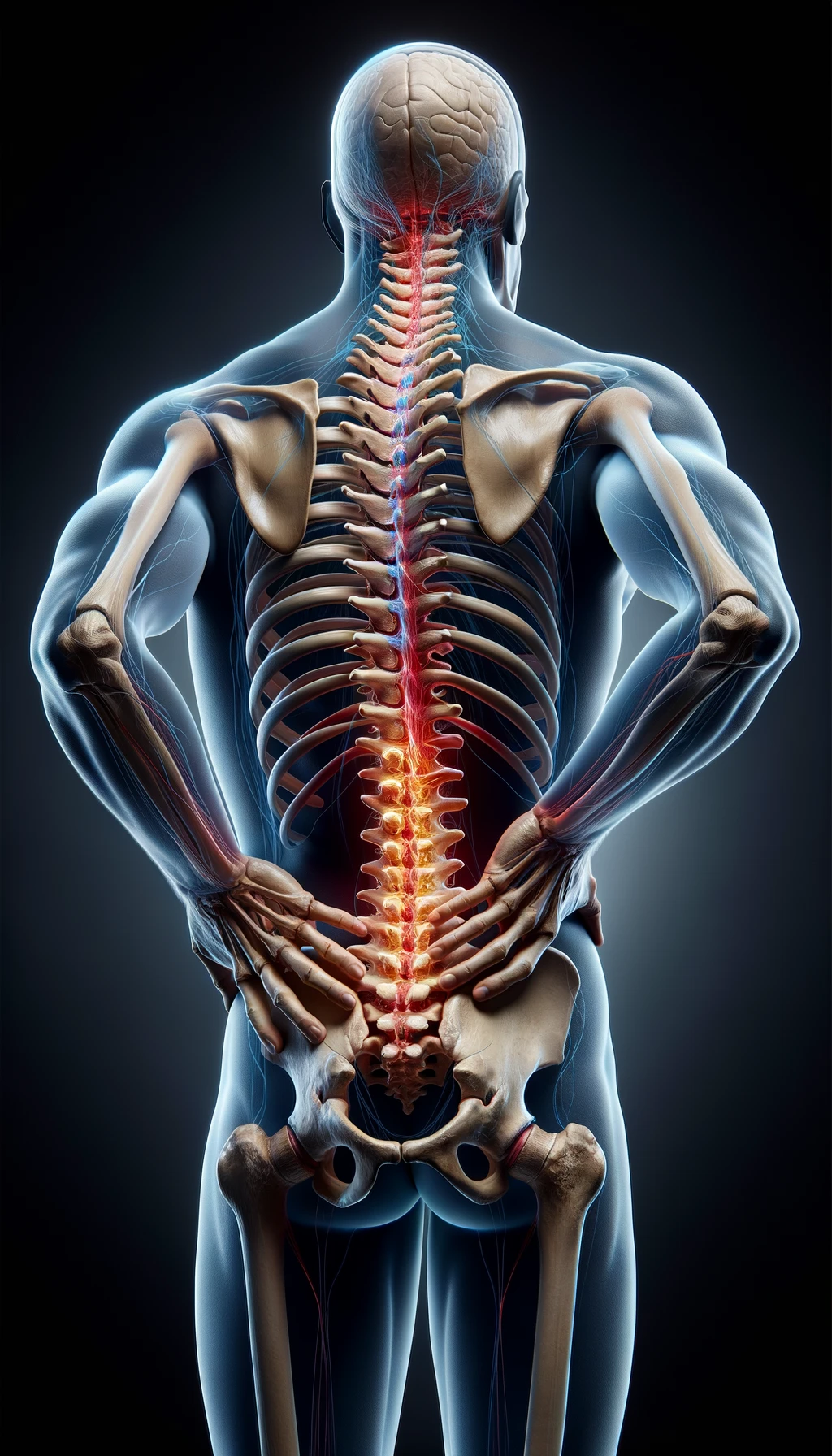 corpo umano anatomico di spalle con spina dorsale storta, dolore alla schiena e spina dorsale anatomica realistica, iperrealistico 4k emoji