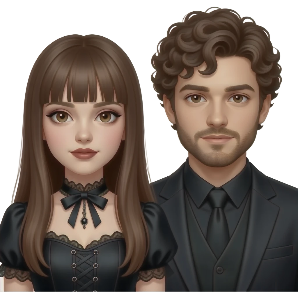 realistic pretty pale skin long straight brown hair girl brown eyes long face wearing gothic dress and gothic makeup HD and her man short brown curly hair and beard emoji