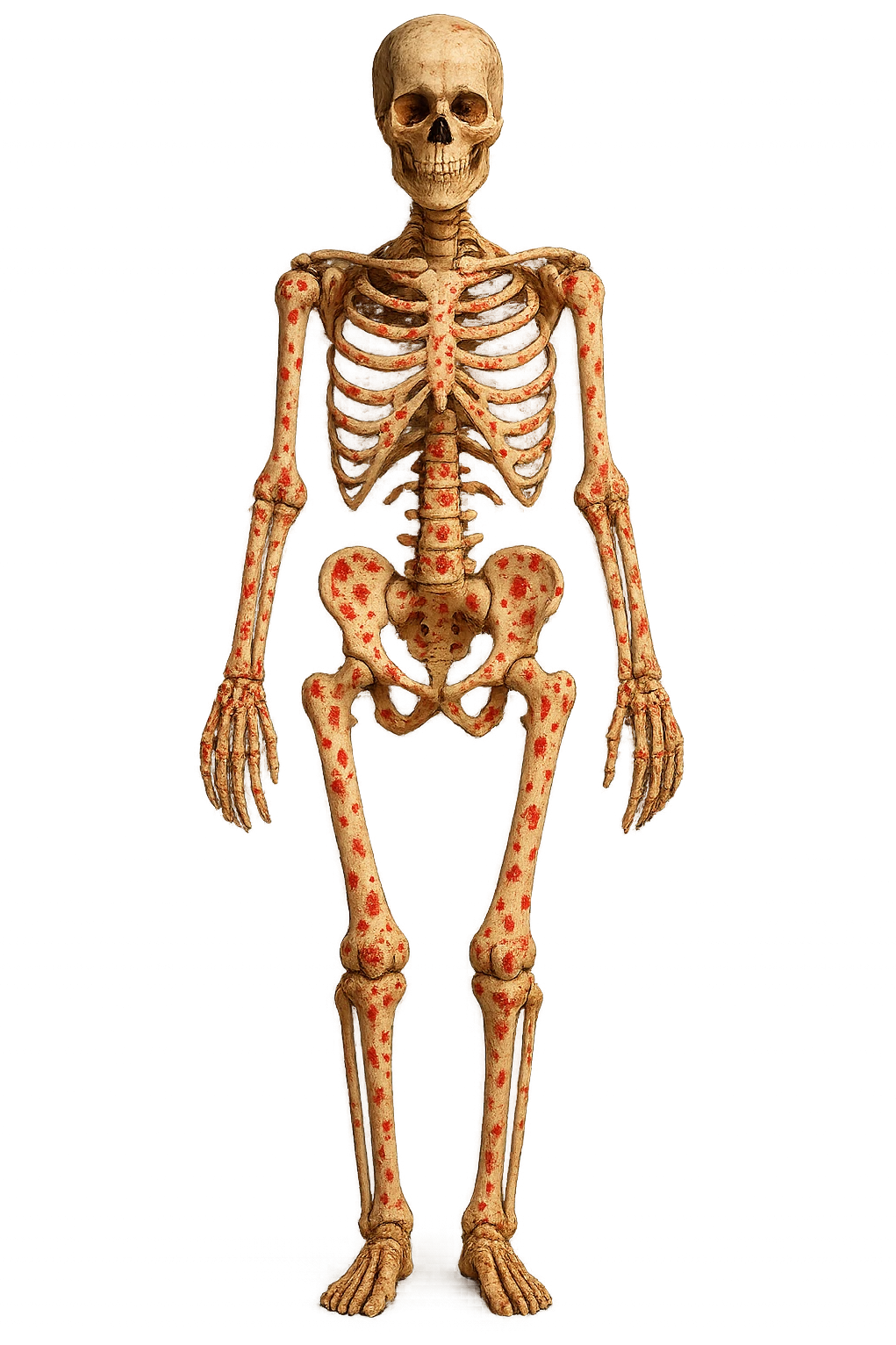 donna realistica a figura intera con red spot sparsi alle ossa, ossa del corpo visibili sul corpo, non sul volto iperrealistico 4k emoji