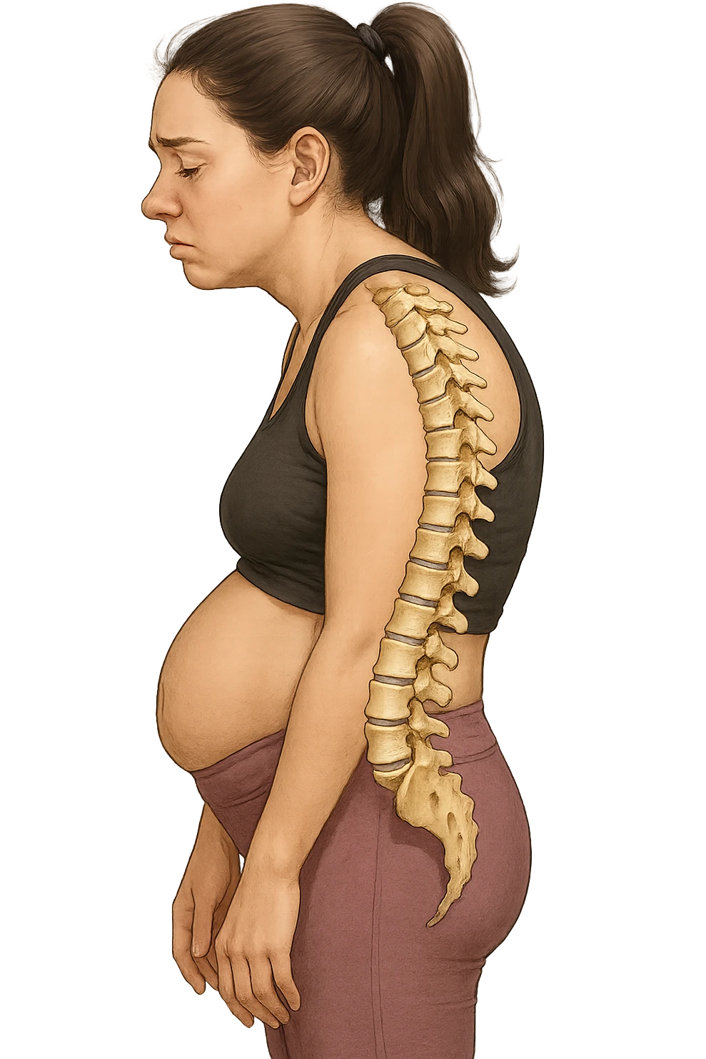 DONNA GIOVANE FITNESS DI PROFILO CON LA POSTURA SBAGLIATA, SPINA DORSALE UMANA ANATOMICA REALISTICA IN EVIDENZA, LA PANCIA IN FUORI E LE SPALLE CHIUSE emoji