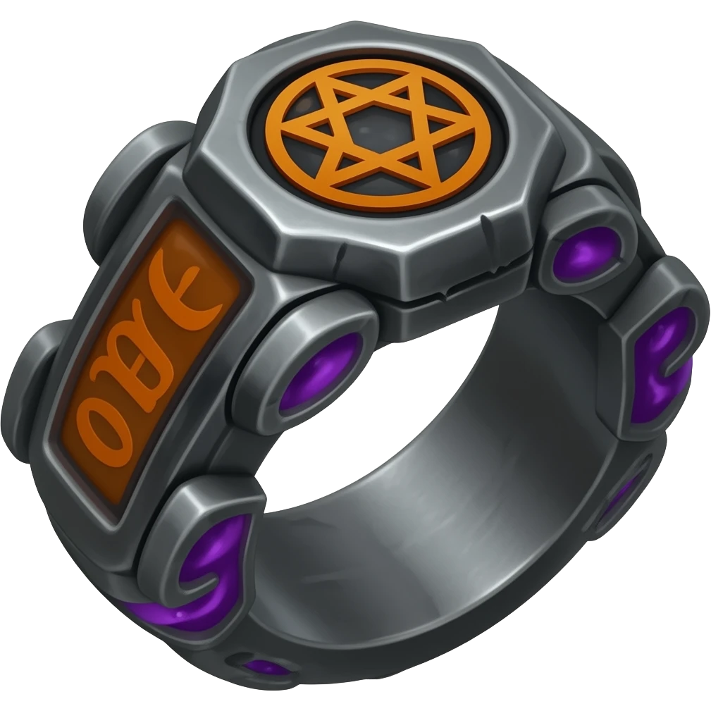 Umbra pontifex, a role that represents leadership and power. I need a ring that represents dark magic, using orange and purple as a color scheme. I wan embossed details to represent mysterious occultism emoji