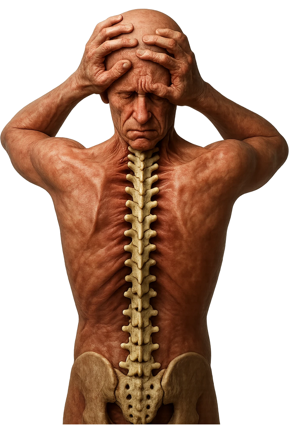 CORPO UMANO ANATOMICO con spina dorsale in evidenza, molto stanca e stressata mentre si tiene le mani sulla testa, IPERREALISTICO 4K emoji