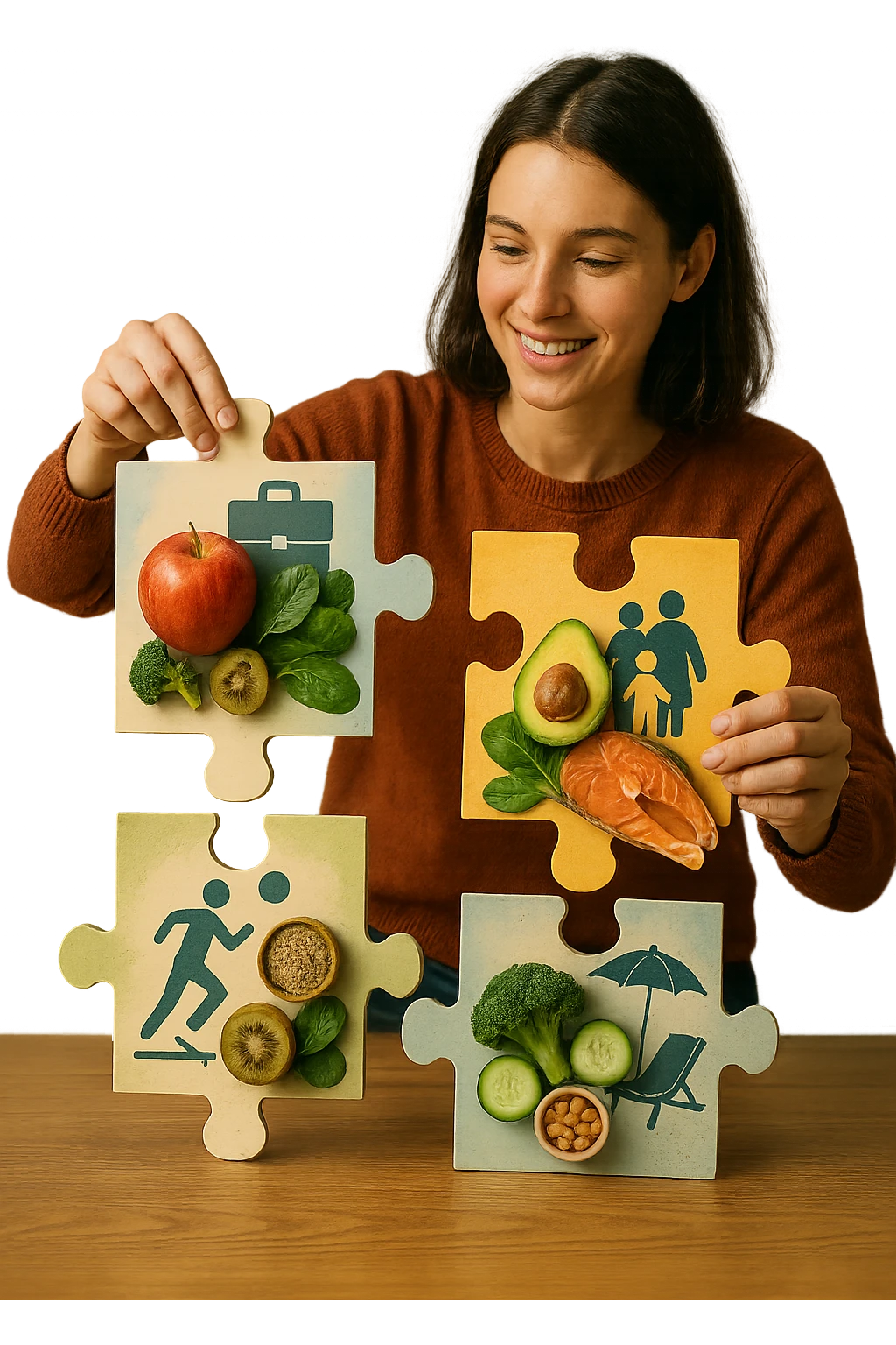 realistica cinematic photo a person is surrounded by puzzle pieces, each representing a different aspect of their life (work, exercise, family, leisure), and healthy foods are integrated into each piece. The person assembles the puzzle, creating a complete, personalized nutrition plan. The mood is uplifting and creative. in italiano emoji