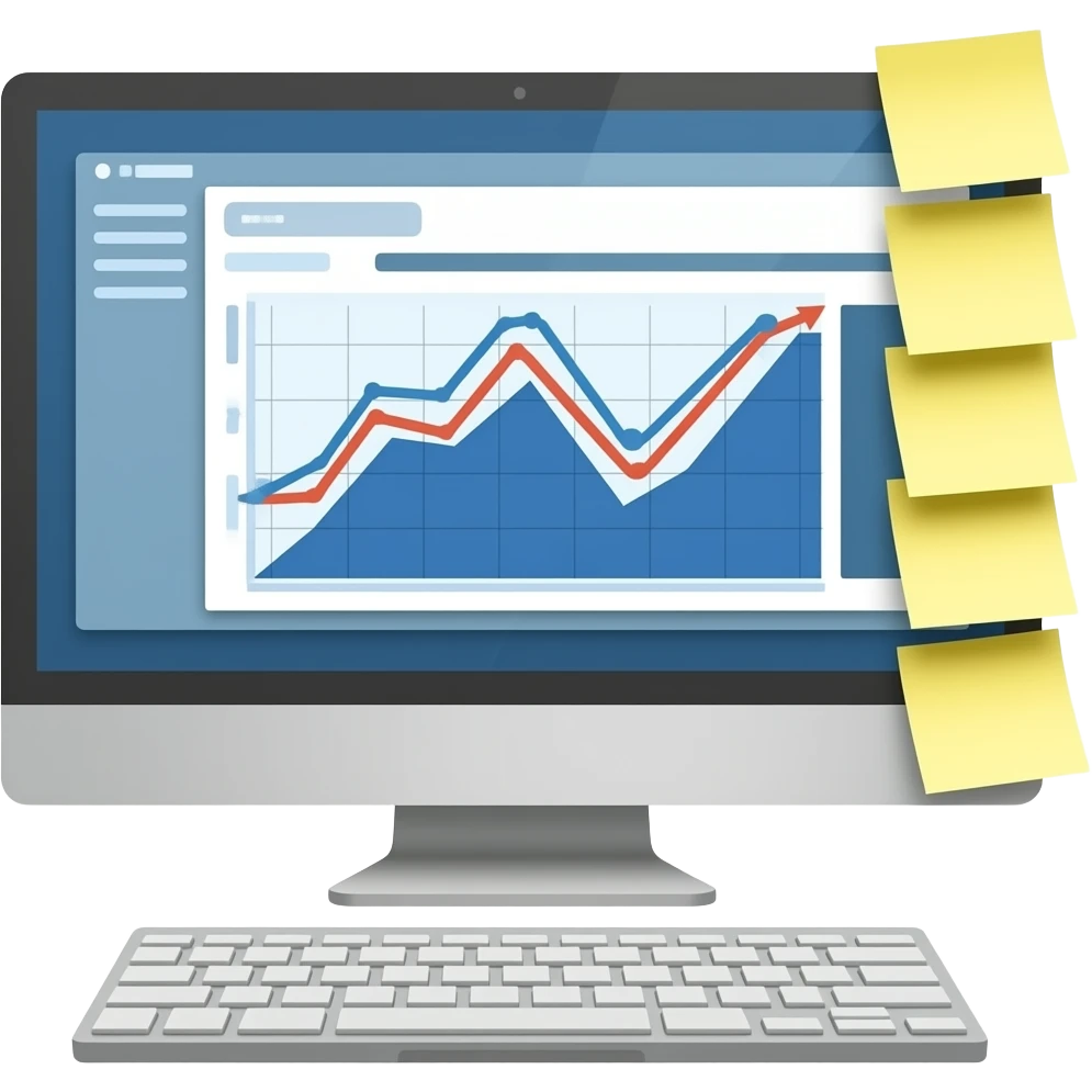 a white computer set up with 5 sticky notes on the side of it and some data analytics on the screen emoji