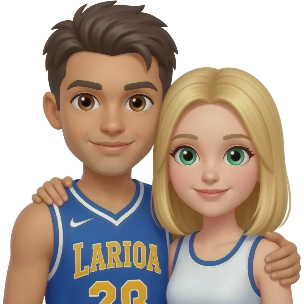abrazo chico castaño claro baloncestista ojos marrones y chica rubia pelo liso ojos verdes emoji