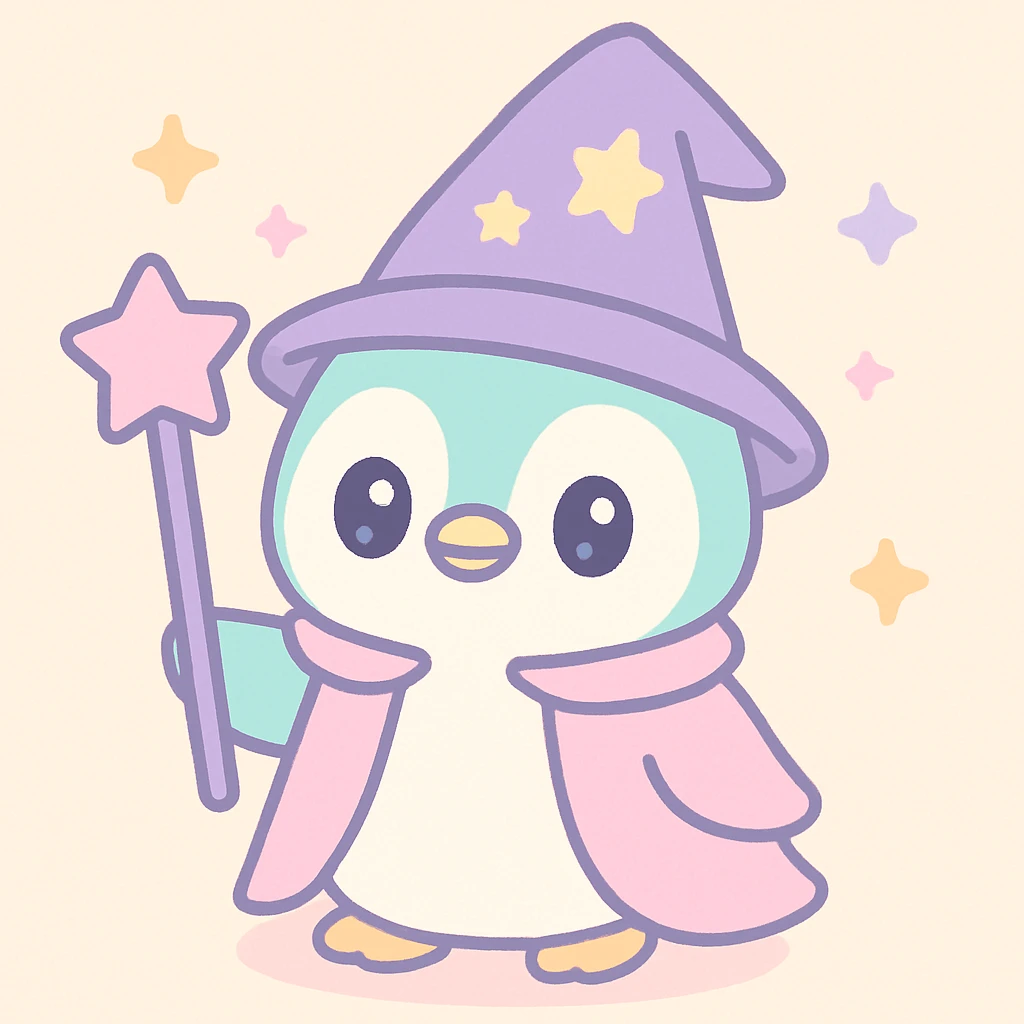 cute cartoon style penguin dressed as a wizard, with a pointy hat and a magic staff emoji