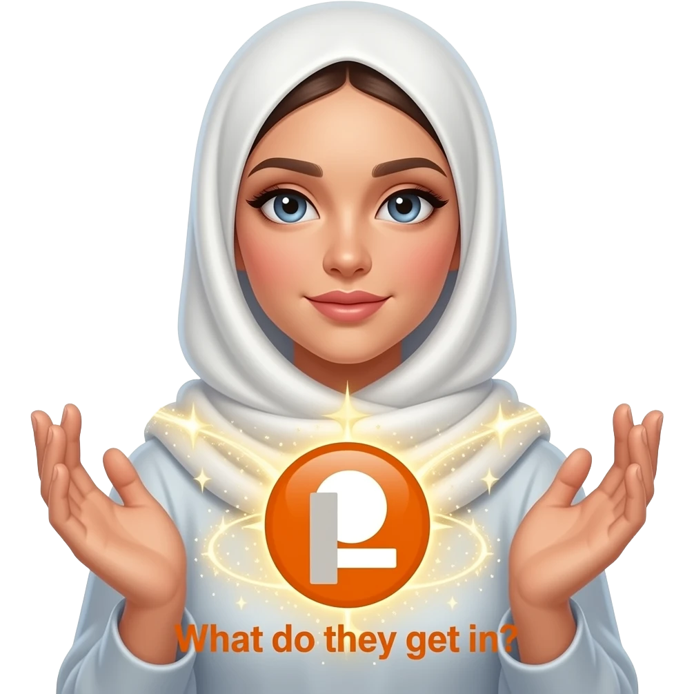 A beautiful woman in a pearl-white satin hijab, left around a glowing Patreon logo made of crystalline light. Swirling trails of celestial energy and stardust surround her hands. Amber color text: 'What do they get in?'. Isolated on white, soft pastel colors, 3D icon style, ultra-detailed emoji