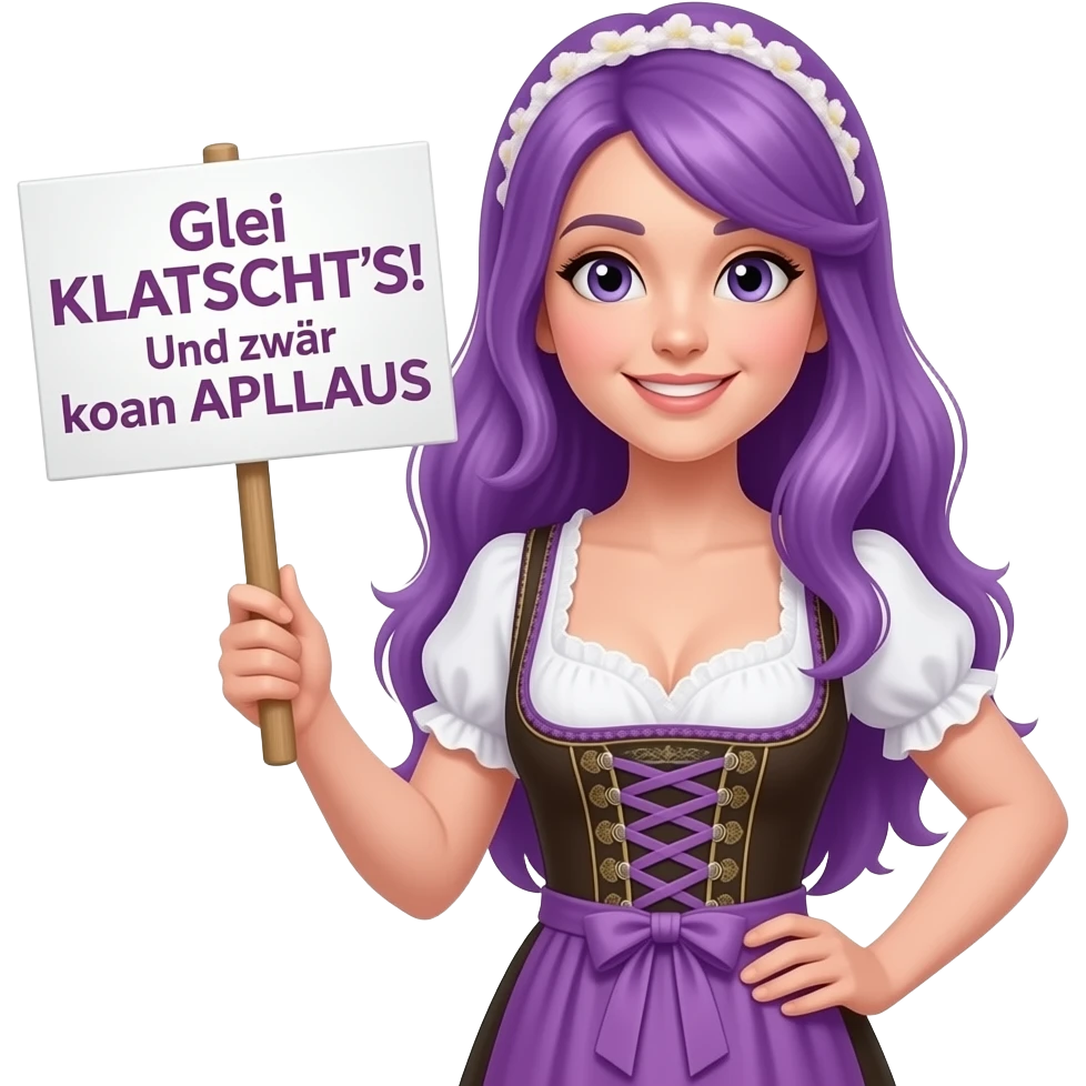 girl with long purple hair wearing a dirndl holding a Glei KLATSCHT'S! Und zwar koan APLLAUS sign emoji