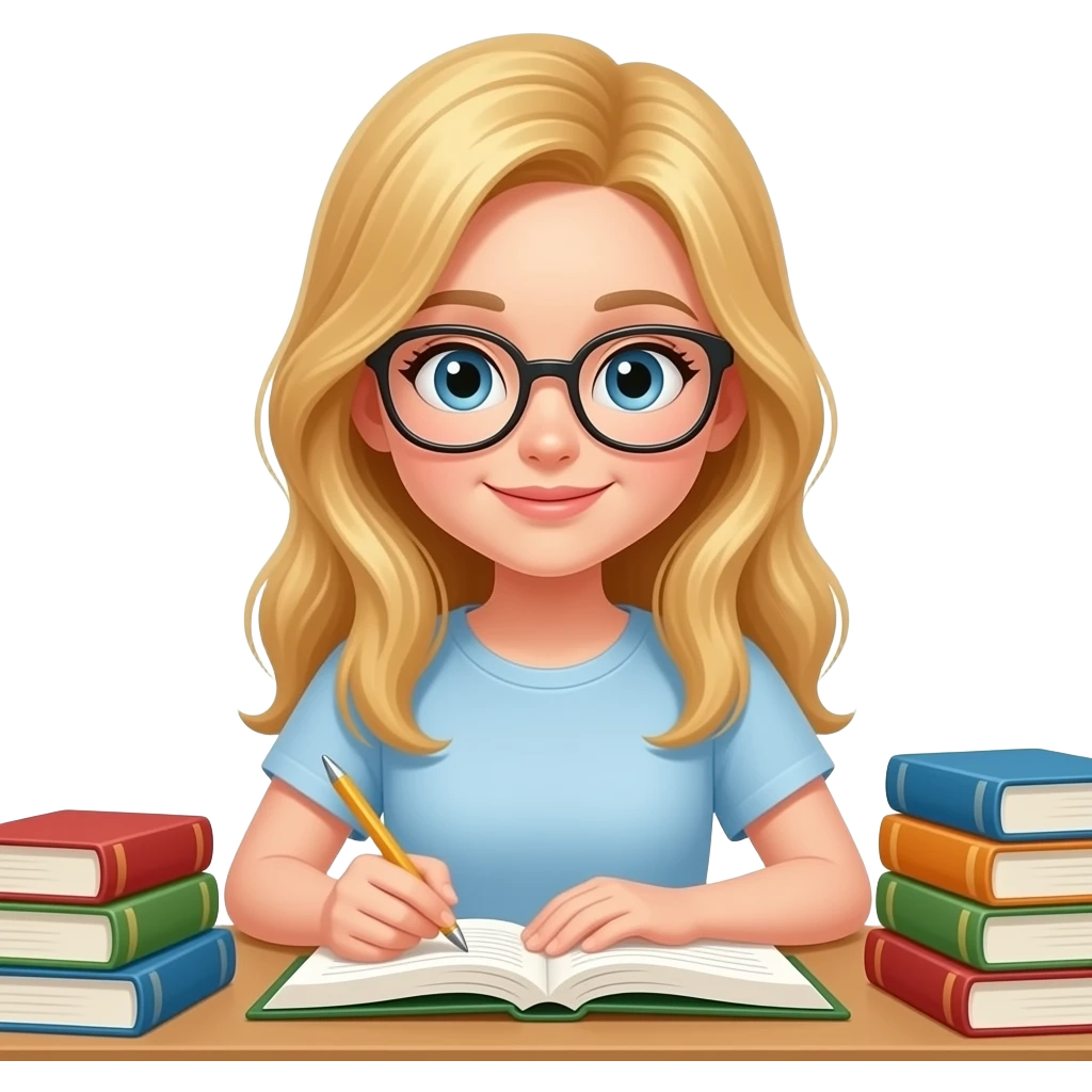 que el fondo sea en la biblioteca. chica con gafas rubia estudiando emoji