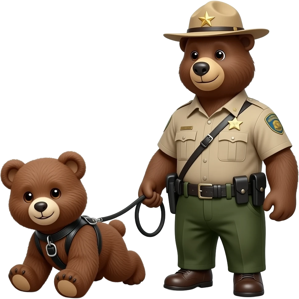 smokey the bear on all fours as a teddy bear being walked on a leash in a black leather harness by a larger park ranger bearbear emoji