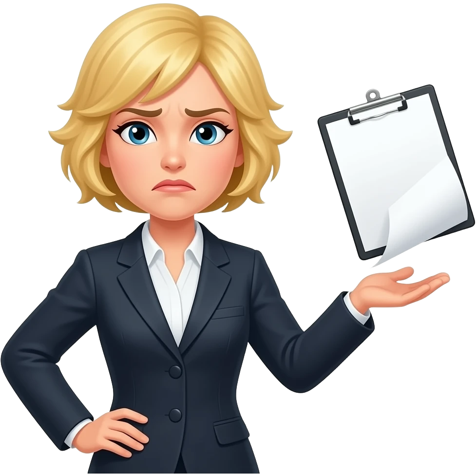 Blonde short hair that is spike all over, female lawyer withone hand on her hip and the other hand dropping a legal pad with disgusted look on her face emoji
