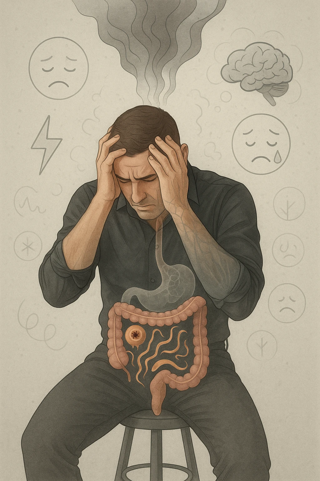 a person sits with a troubled expression, holding their head in their hands. A transparent overlay on their body reveals stylized images of parasites in the digestive tract, while faint, shadowy tendrils extend upward toward the brain, symbolizing the psychological impact. The background is clinical and educational, with subtle icons representing both physical and mental symptoms. emoji
