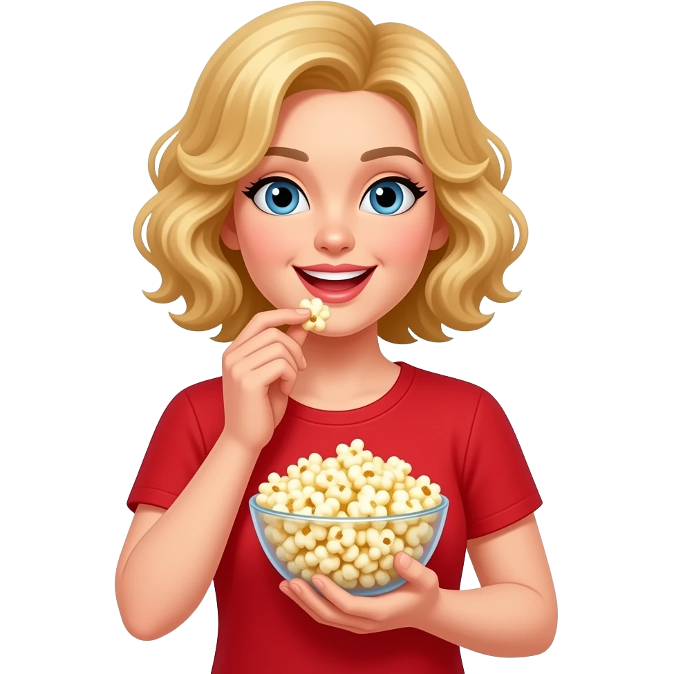 blonde curly bob eating popcorn in red shirt emoji