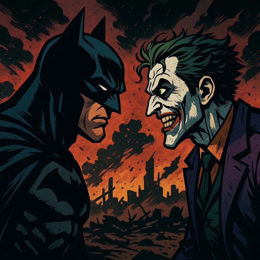 vector art of batman and joker, battleground background 
 emoji