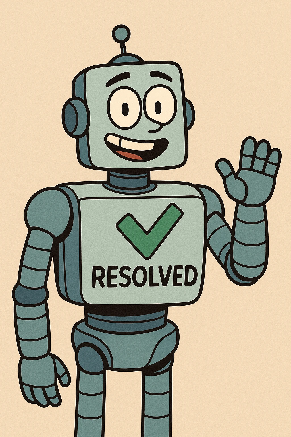 friendly robot with a green check mark on its torso and the word 'RESOLVED' underneath in a flat cartoon style emoji