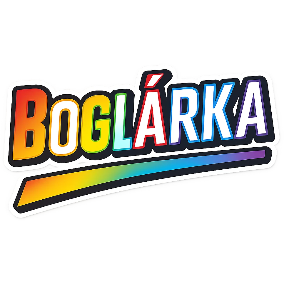 The name 'Boglárka' in modern, precise Hungarian letters with a rainbow gradient fill, extra thick white outline, dark contour, transparent background, dynamic and slanted underline, in the style of the sample images. emoji