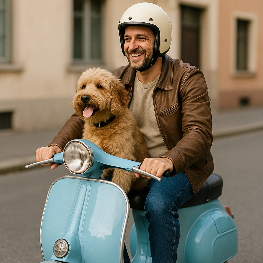 man and his pet dog riding a vespa emoji