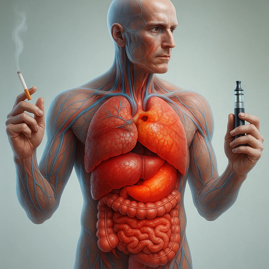 Medical illustration, hyperrealistic 4K, realistic anatomical human body, inflamed liver and intestine highlighted, holding a lit normal cigarette in the right hand and an electronic cigarette in the left hand, clear background, extremely detailed, same lighting and style as the reference image. emoji