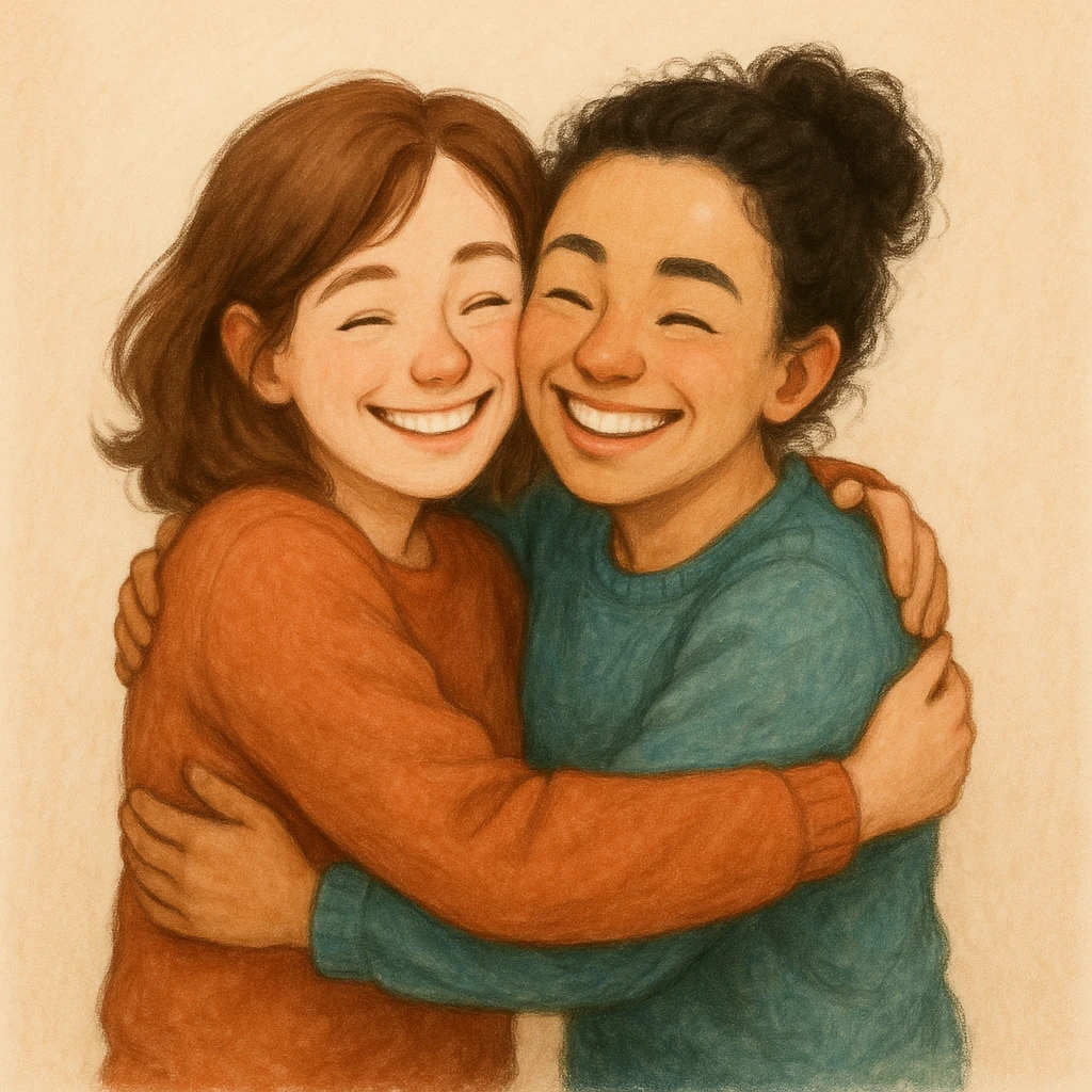 two friends hugging, warm and friendly style emoji