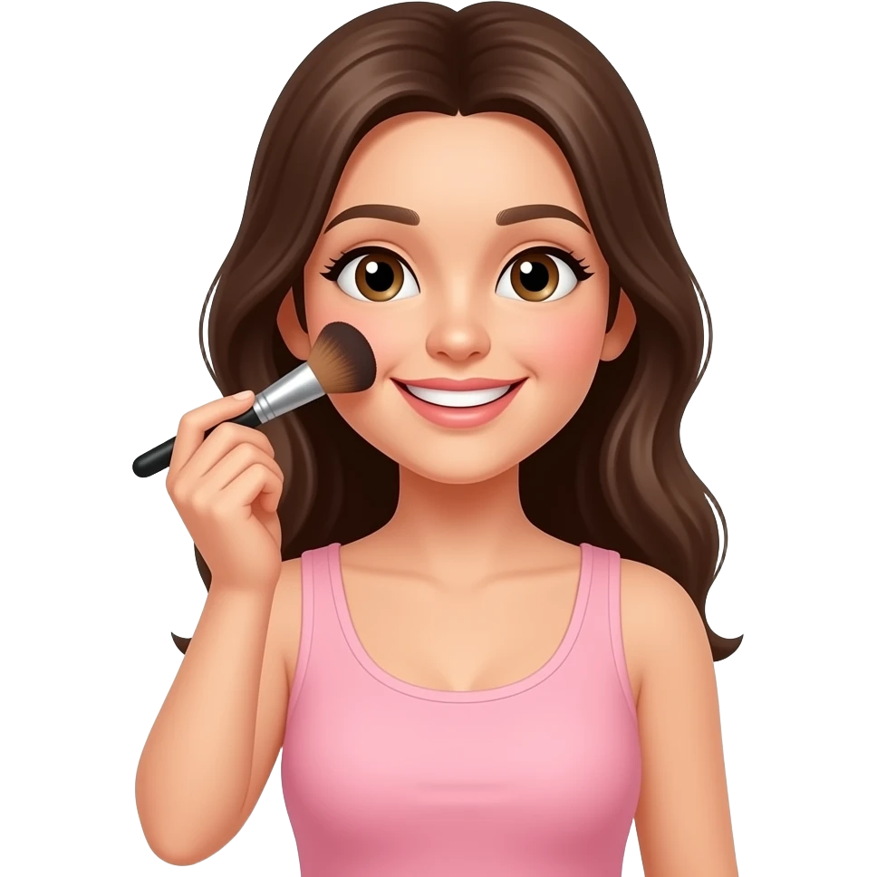 Girl wearing a light pink tank top applying blush with brush smiling emoji