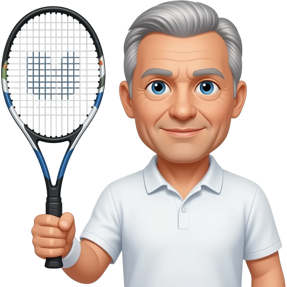 man, 60s aged, thin grey hair, blue eyes, tennis racket in right hand emoji
