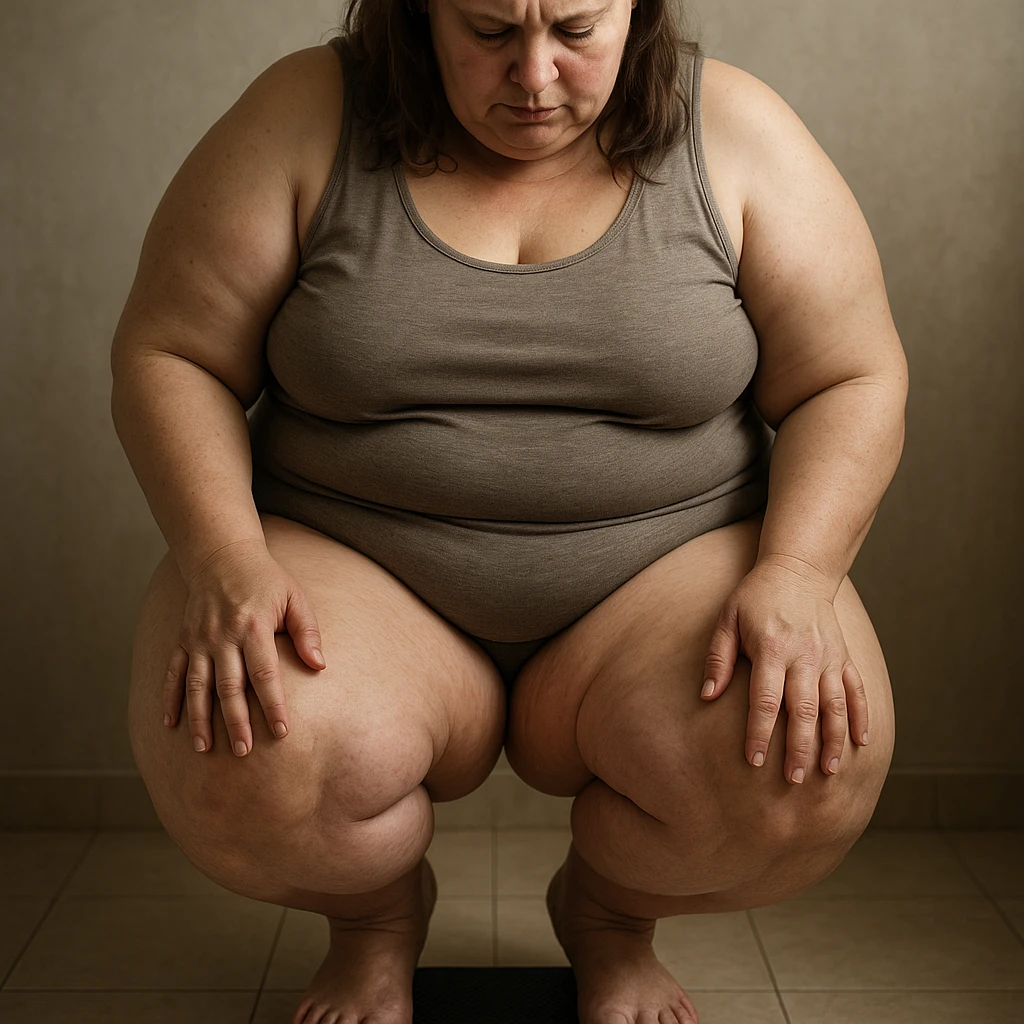 overweight woman weighing herself on scale, stubborn fat on legs and thighs, hyper realistic 4K style, skin details, self-analysis atmosphere emoji