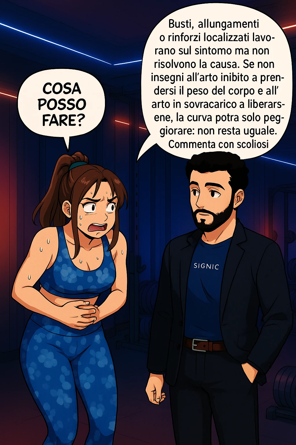 ispirati a questo stile di disegno e fai questa immagine in versione manga/webtoon a colori, il manga mostra la donna preoccupata che chiede: "COSA POSSO FARE?" E L'UOMO CHE RISPONDE: Busti, allungamenti o rinforzi localizzati lavorano sul sintomo ma non risolvono la causa. Se non insegni all’arto inibito a prendersi il peso del corpo e all’arto in sovraccarico a liberarsene, la curva potrà solo peggiorare; non resta uguale. Commenta con scoliosi e ti mando un esempio del lavoro da fare per recuperare simmetria ed eliminare il dolore. emoji