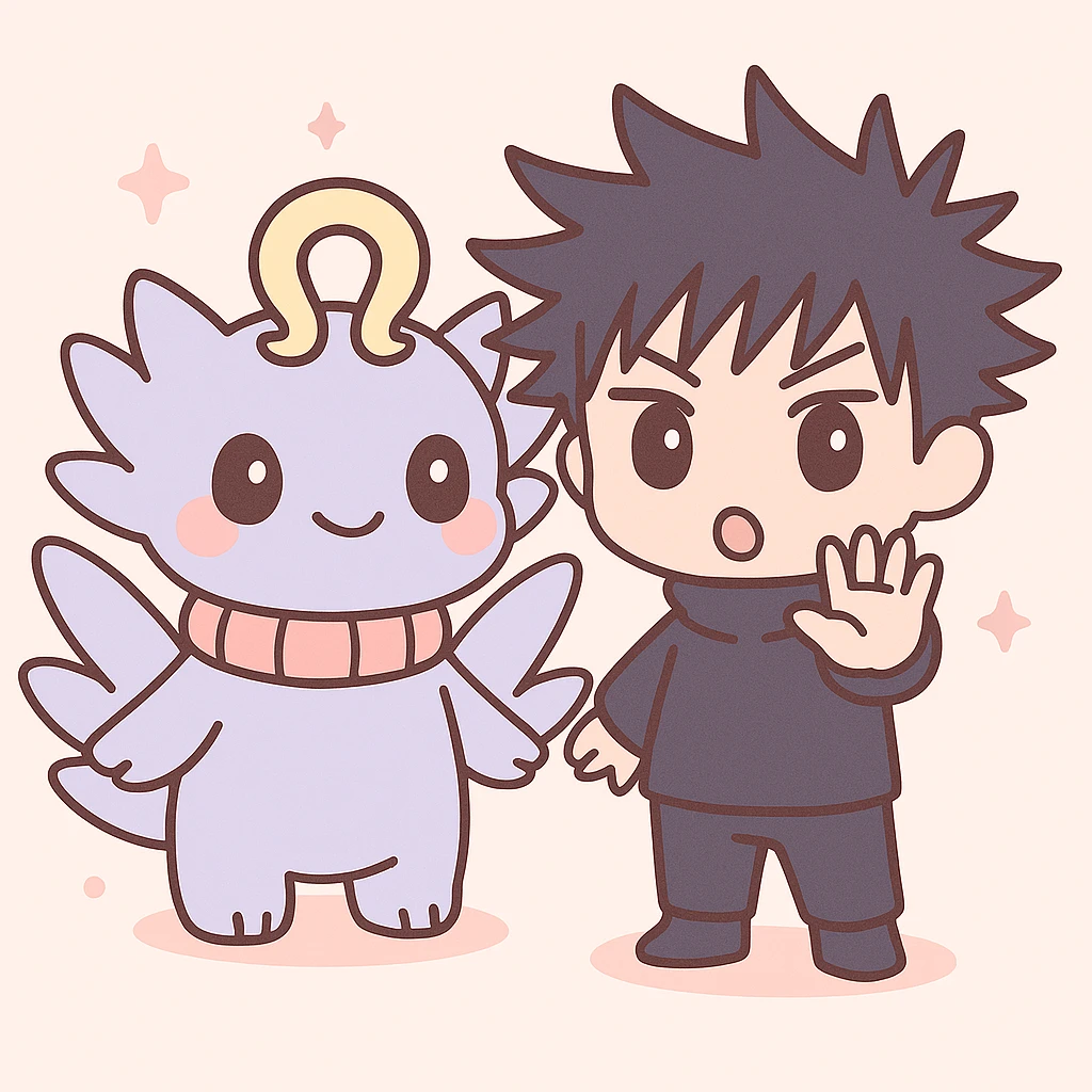 Add Megumi Fushiguro in a summoning pose next to Mahoraga in a cute and simplified chibi style, with both characters visible. emoji