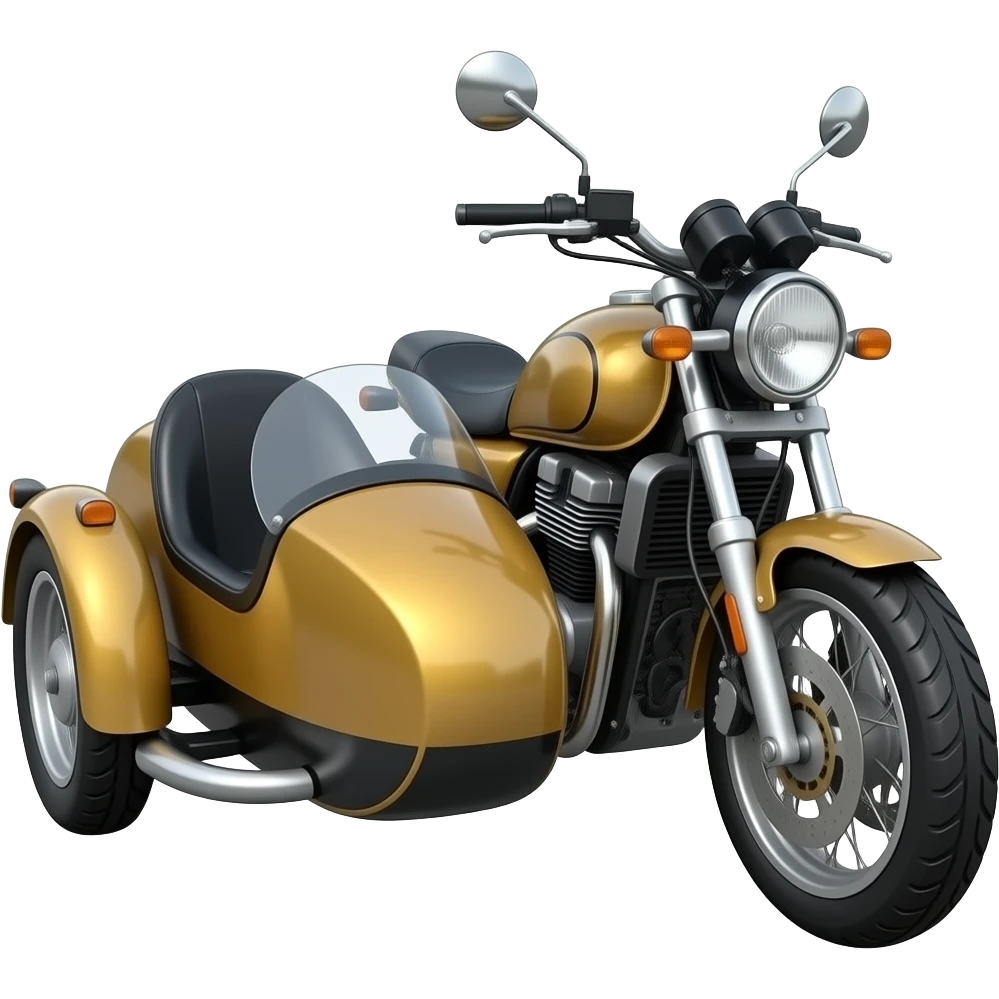 Sidecar SLO: pixar-style 3D emoji style, glossy surface, soft shadows, white background, centered, no text,  motorcycle sidecar, gold and black tones, emoji