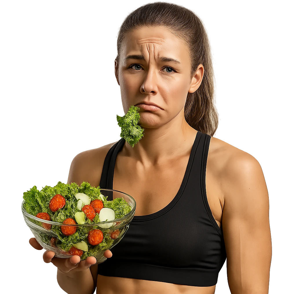 DONNA FITNESS CON INSALATA IN MANO MENTRE TIENE UNA FOGLIA DI INSALATA IN BOCCA CON ESPRESSIONE TRISTE, iperrealistico 4k, ISOLATA SU SFONDO BIANCO emoji
