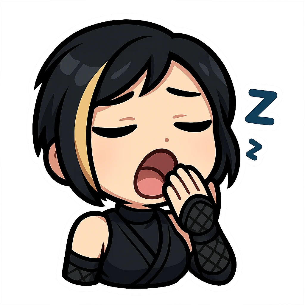 Sexy chibi ninja girl with black short hair and a blonde streak, only head and arms, colorful chibi style with bold outlines, transparent background, no mask, yawning expression with eyes half-closed and hand covering mouth, sized for Twitch emoji use. emoji