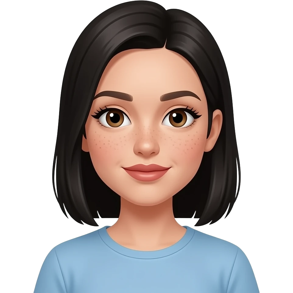 white girl, very beautiful woman, has freckles, with big plump lips, long long lashes, black straight hair medium length with hair tucked behind ears, brown eyes, light blue tshirt emoji
