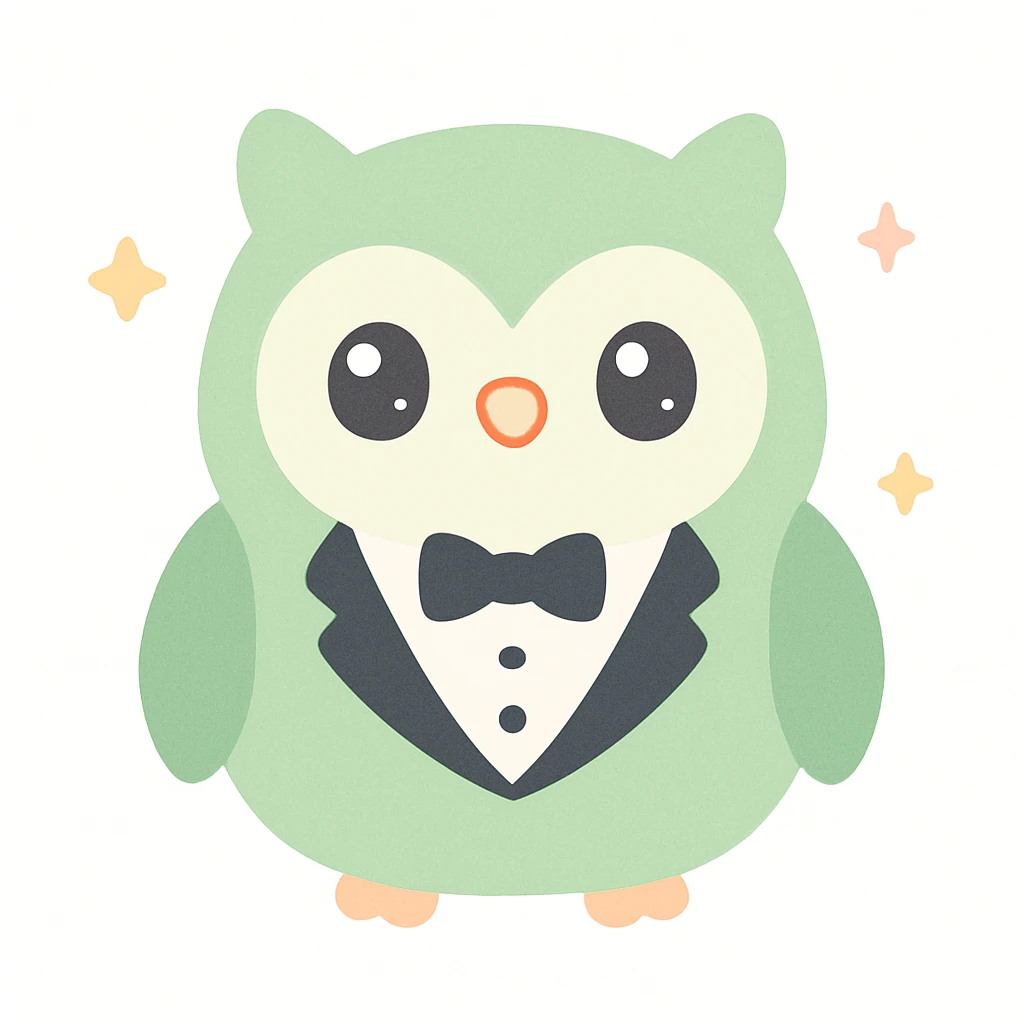 a green owl wearing a tuxedo, fun, appealing style emoji