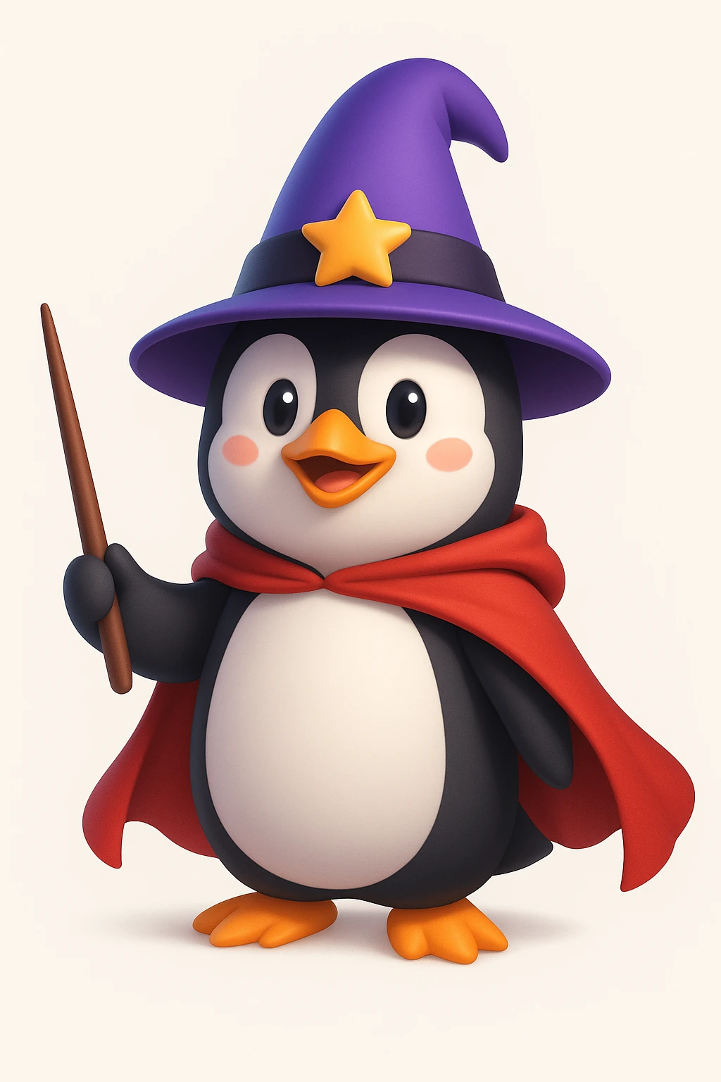 A penguin wizard with a pointy hat and a magic wand and a red cape emoji