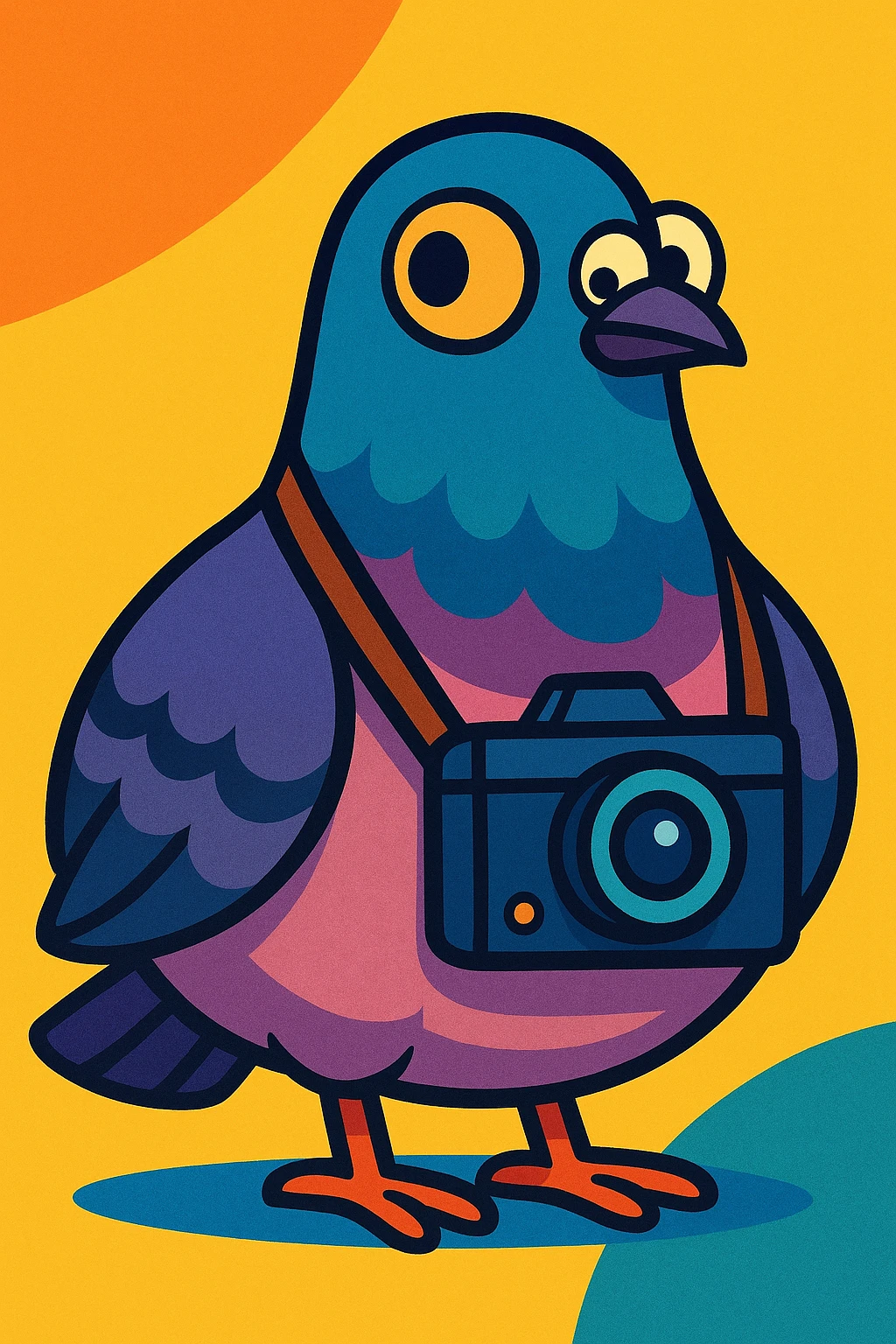 a chubby pigeon with a camera strapped to its chest, glancing side to side, vibrant toon style emoji