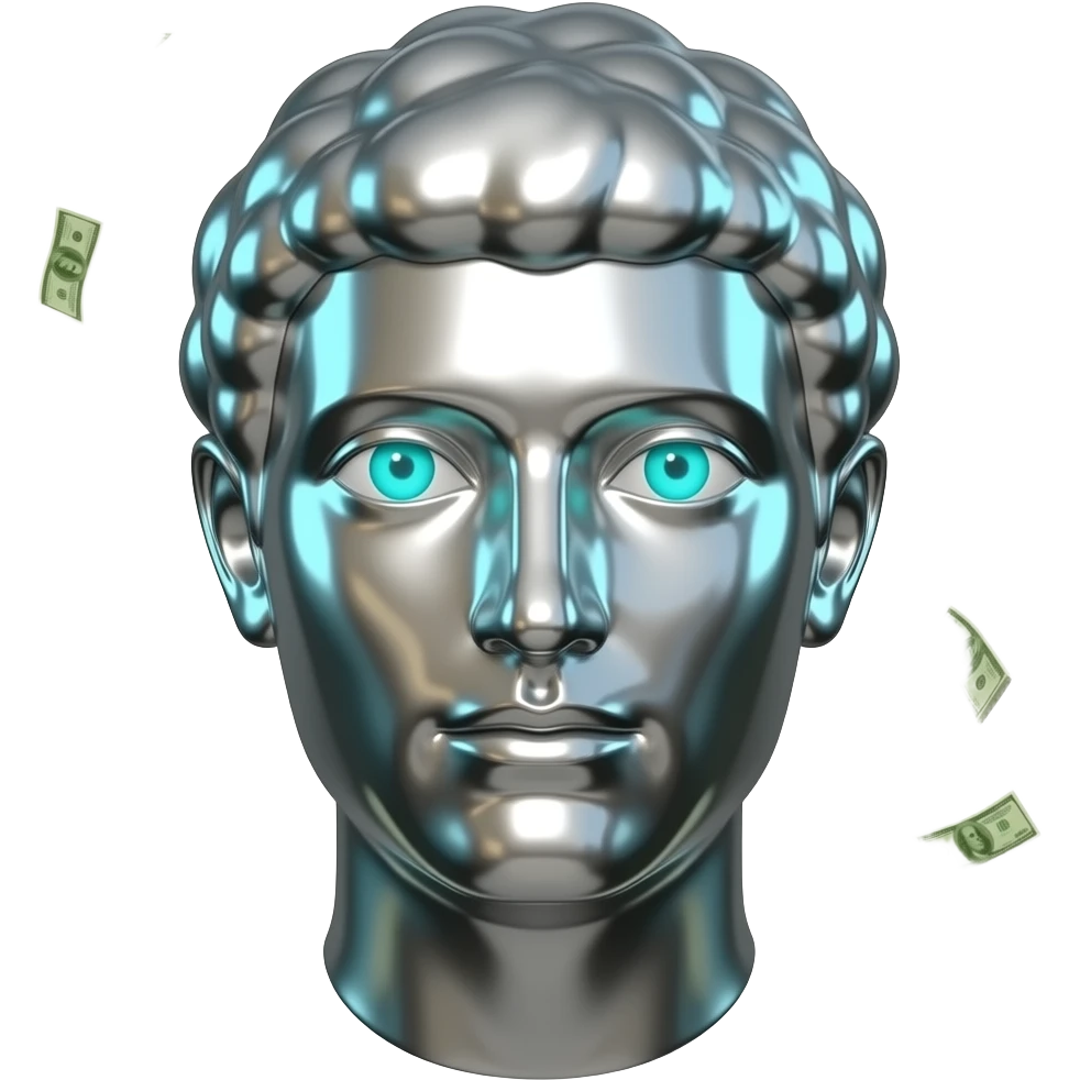 A polished chrome stoic Greek statue head front facing with glowing cyan (#00D4B1) eyes, no background. Metallic reflections with subtle cyan light accents. with cash falling in the background emoji