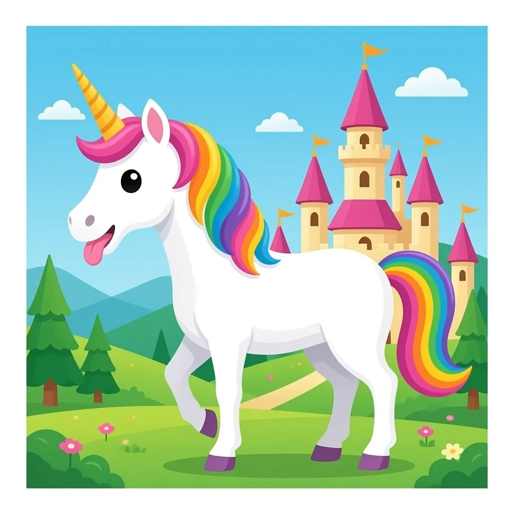 haz un unicornio con la lengua afuera con un castillo de colores de fondo emoji