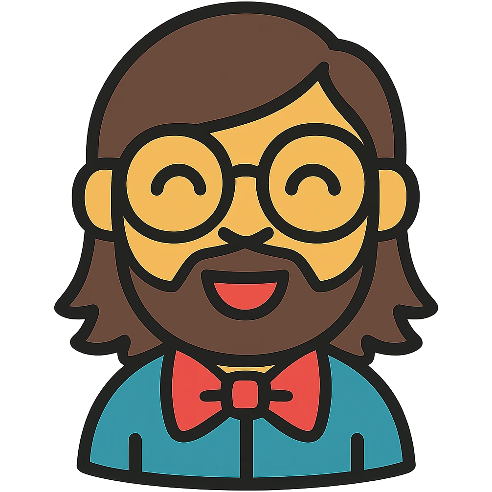 Add long hair and a beard to the nerd with big round glasses and bow tie, keeping the original style and transparent background. emoji