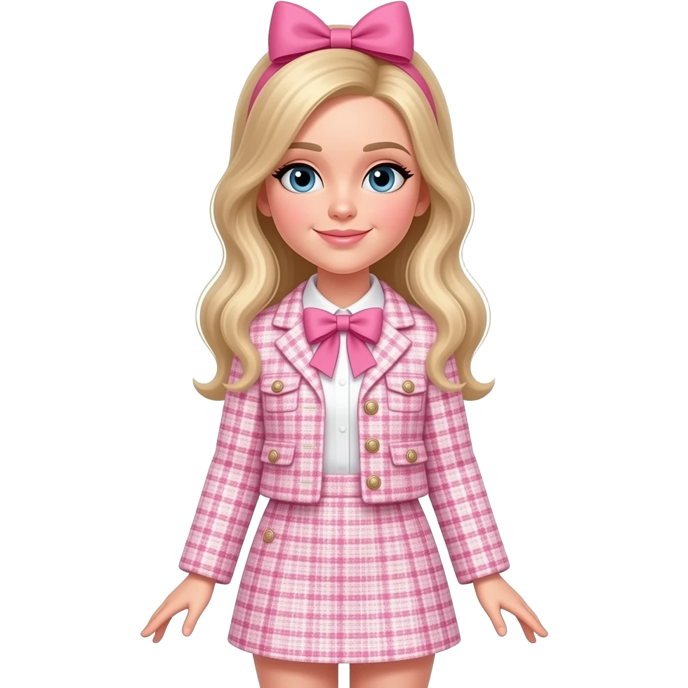 Full body blonde girl with a pink bow wearing a light pink tweed jacket and skirt set emoji
